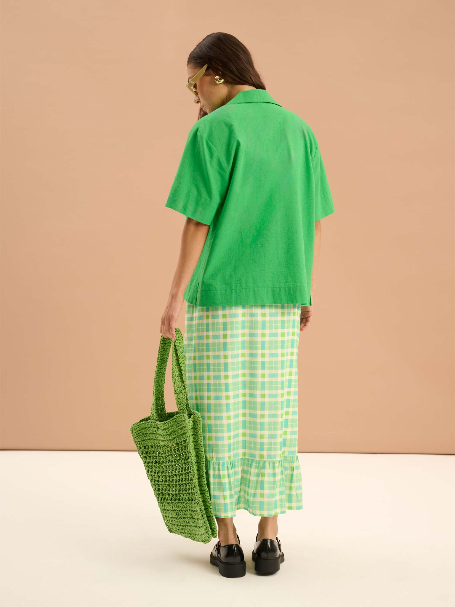 Adria Check Print Side Button Frill Hem Skirt in Green - Image 3