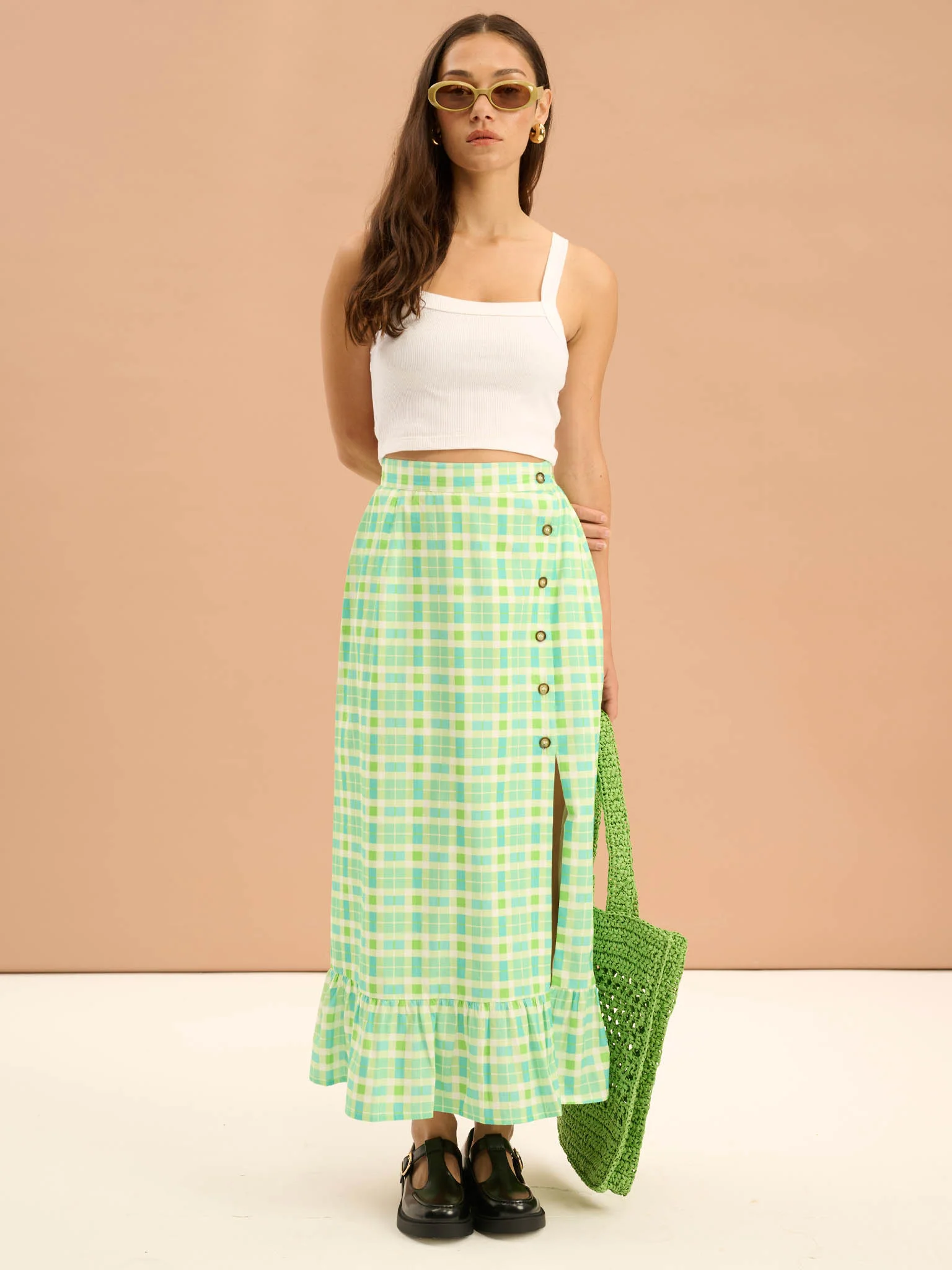 Adria Check Print Side Button Frill Hem Skirt in Green - Image 4
