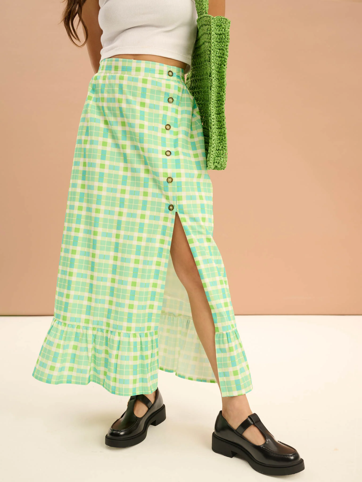 Adria Check Print Side Button Frill Hem Skirt in Green - Image 5