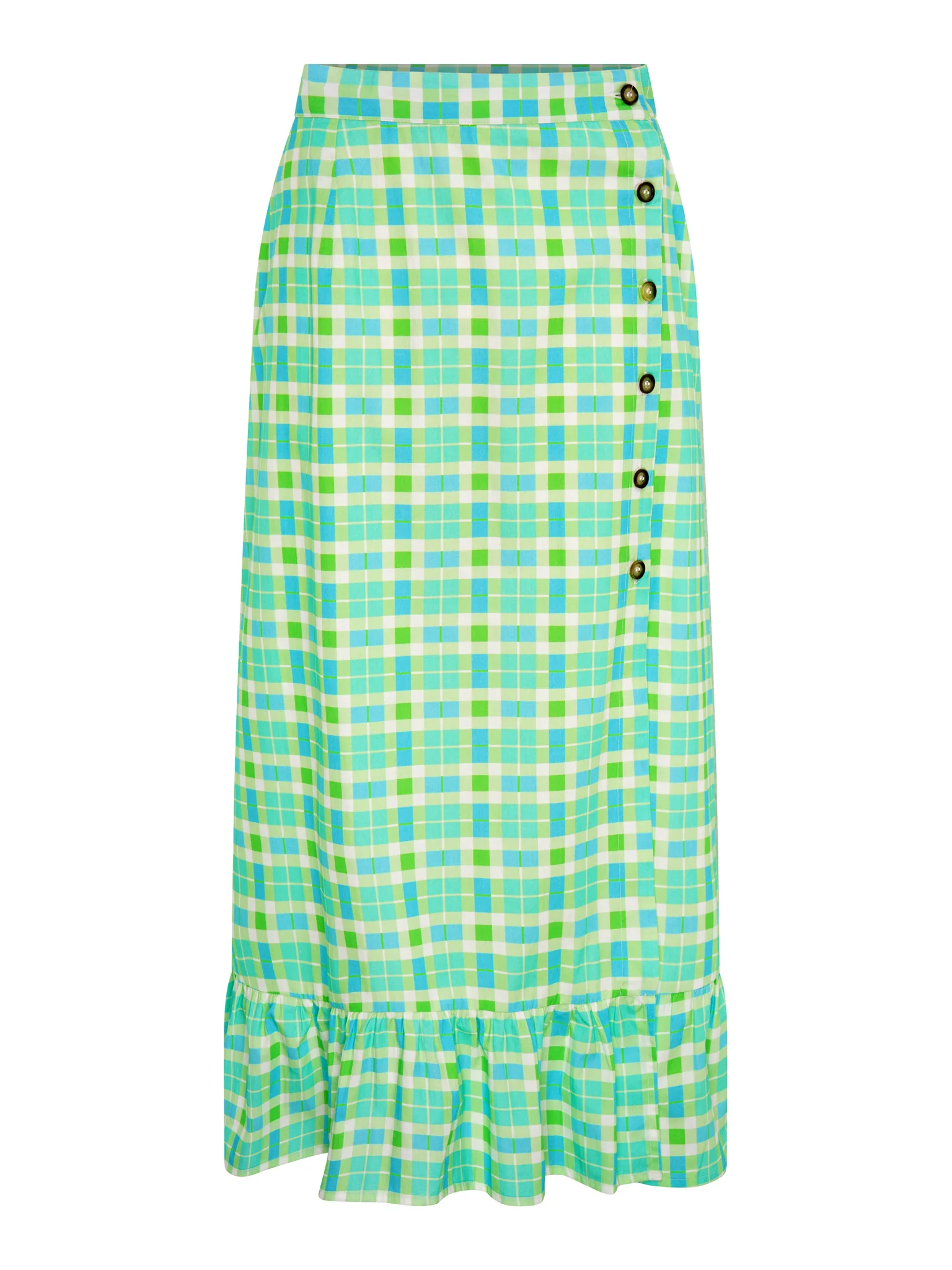 Adria Check Print Side Button Frill Hem Skirt in Green - Image 6