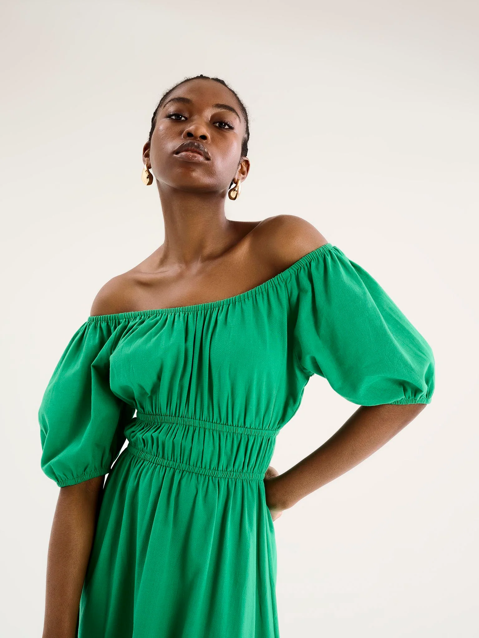 Arya Shirred Detail Round Neck Dress in Green - Image 4