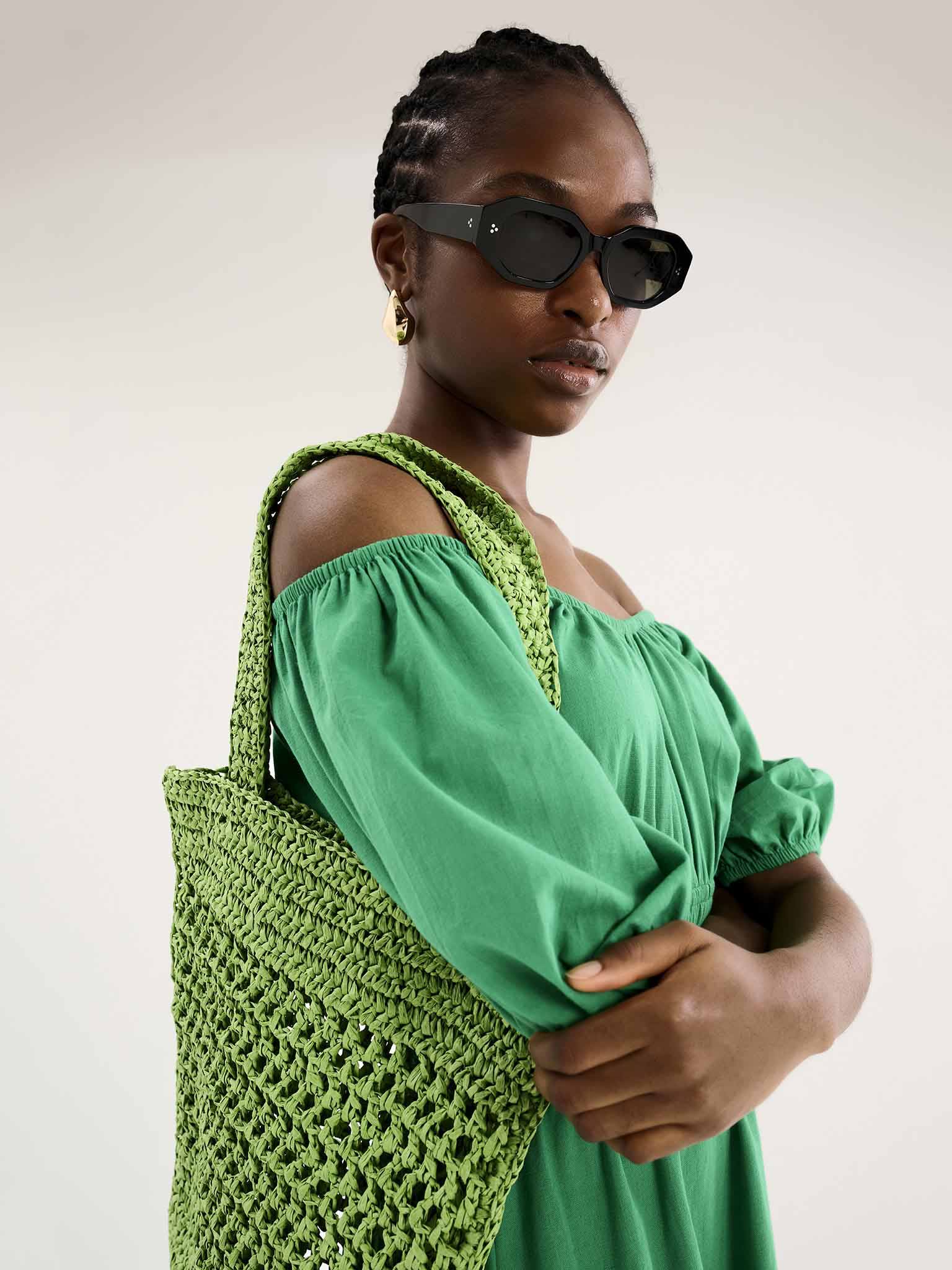 Arya Shirred Detail Round Neck Dress in Green - Image 5