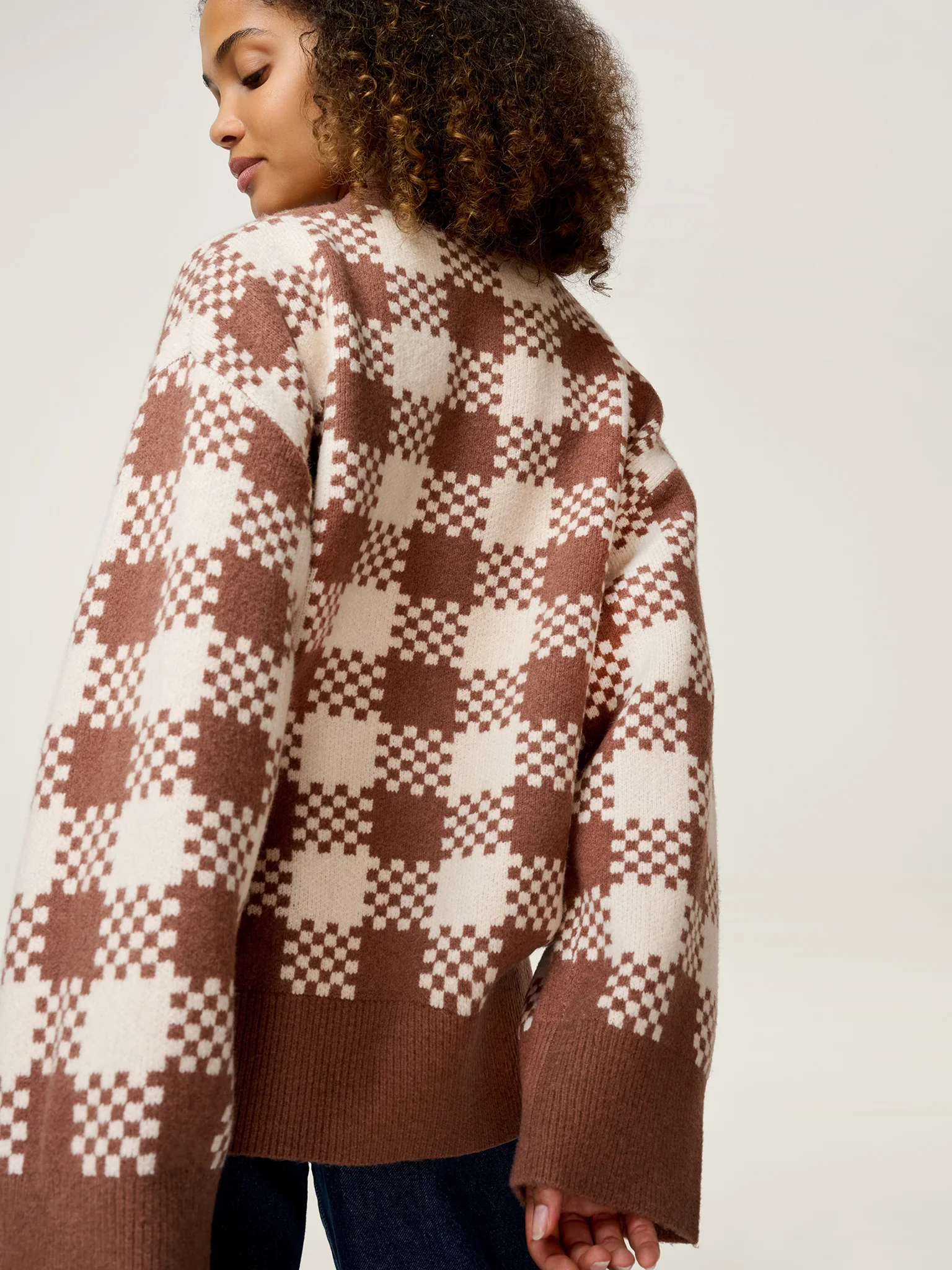 Athena Check Cardigan in Brown and Cream - Image 4