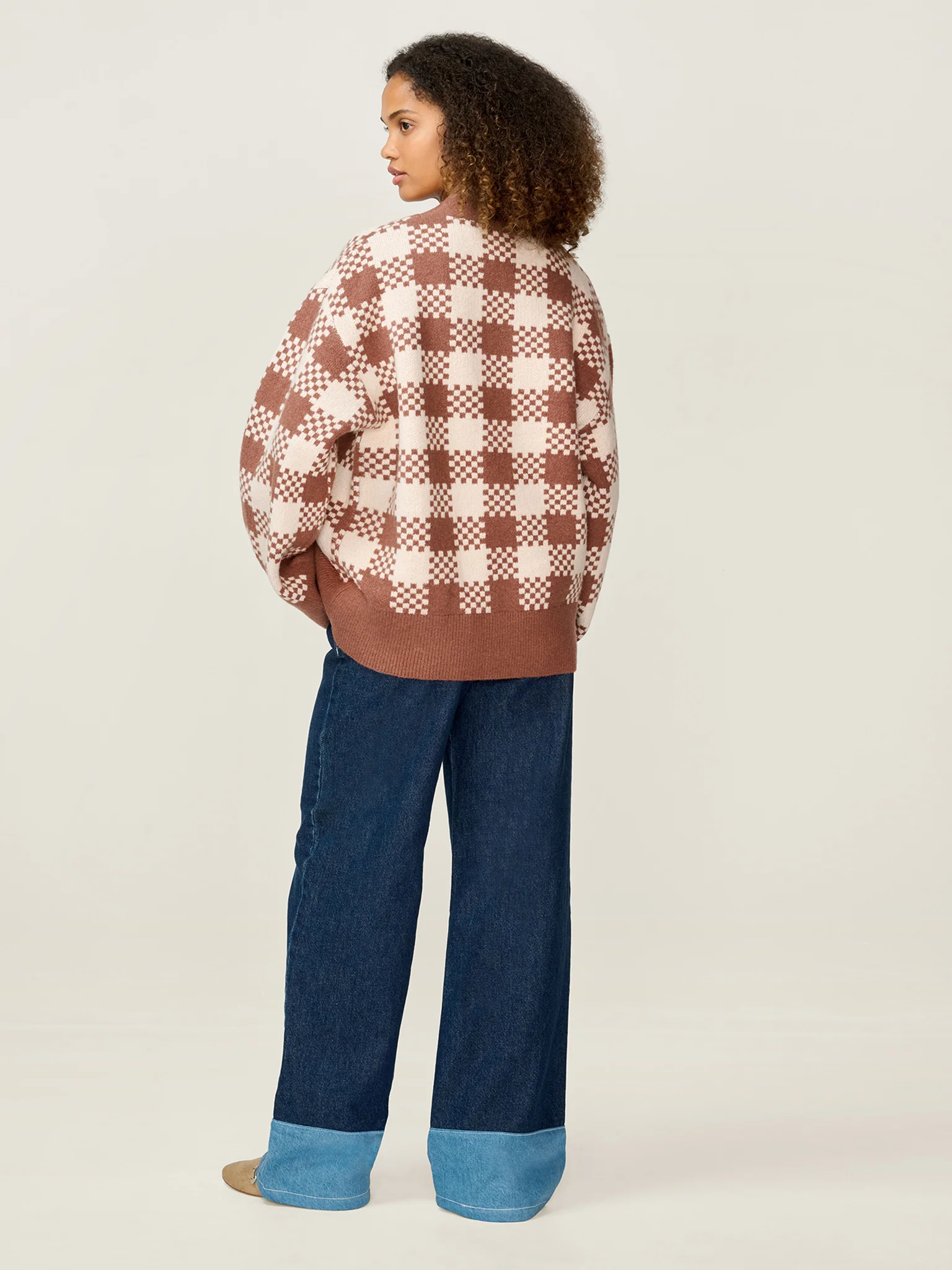 Athena Check Cardigan in Brown and Cream - Image 5