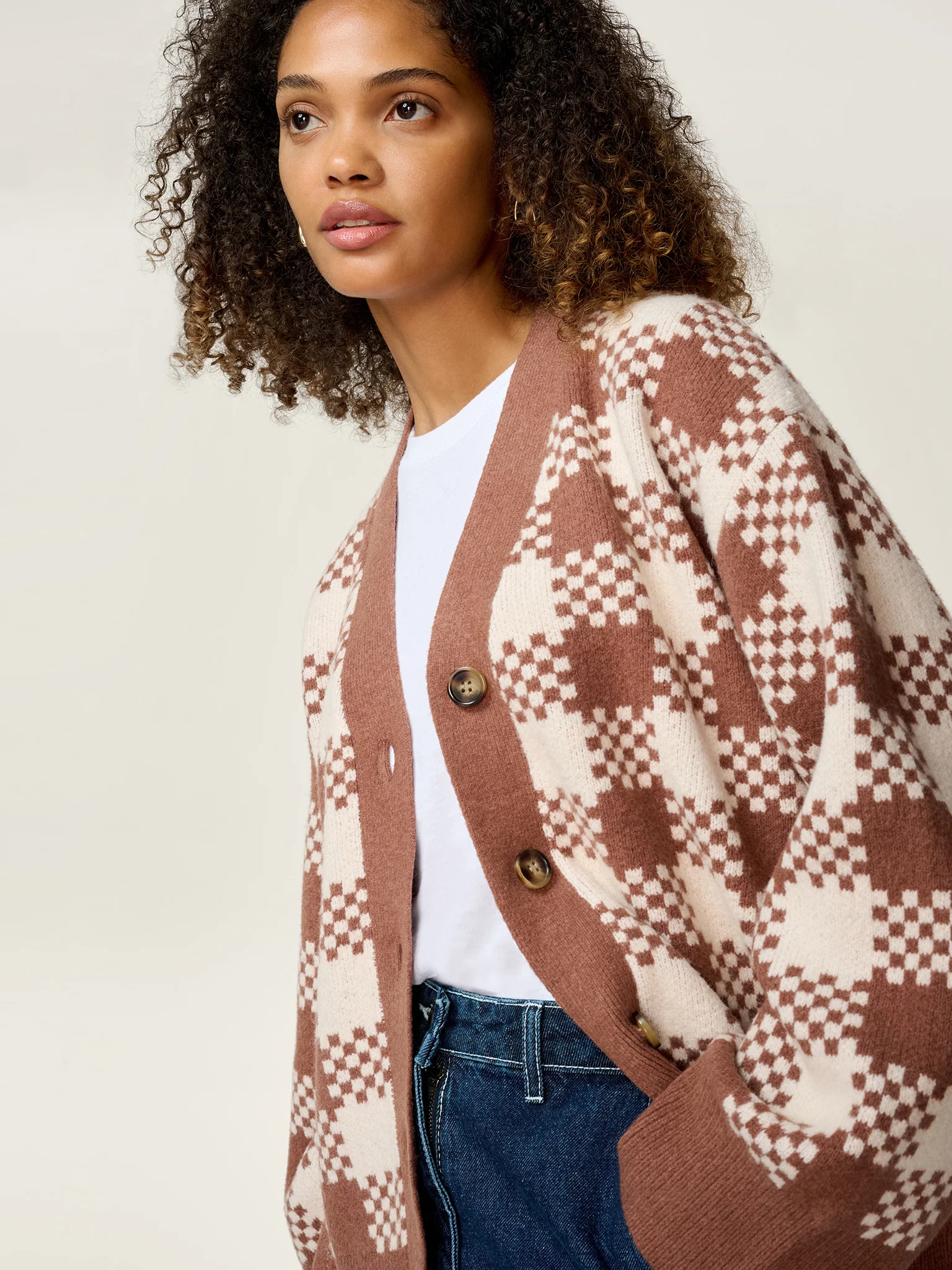 Athena Check Cardigan in Brown and Cream - Image 6