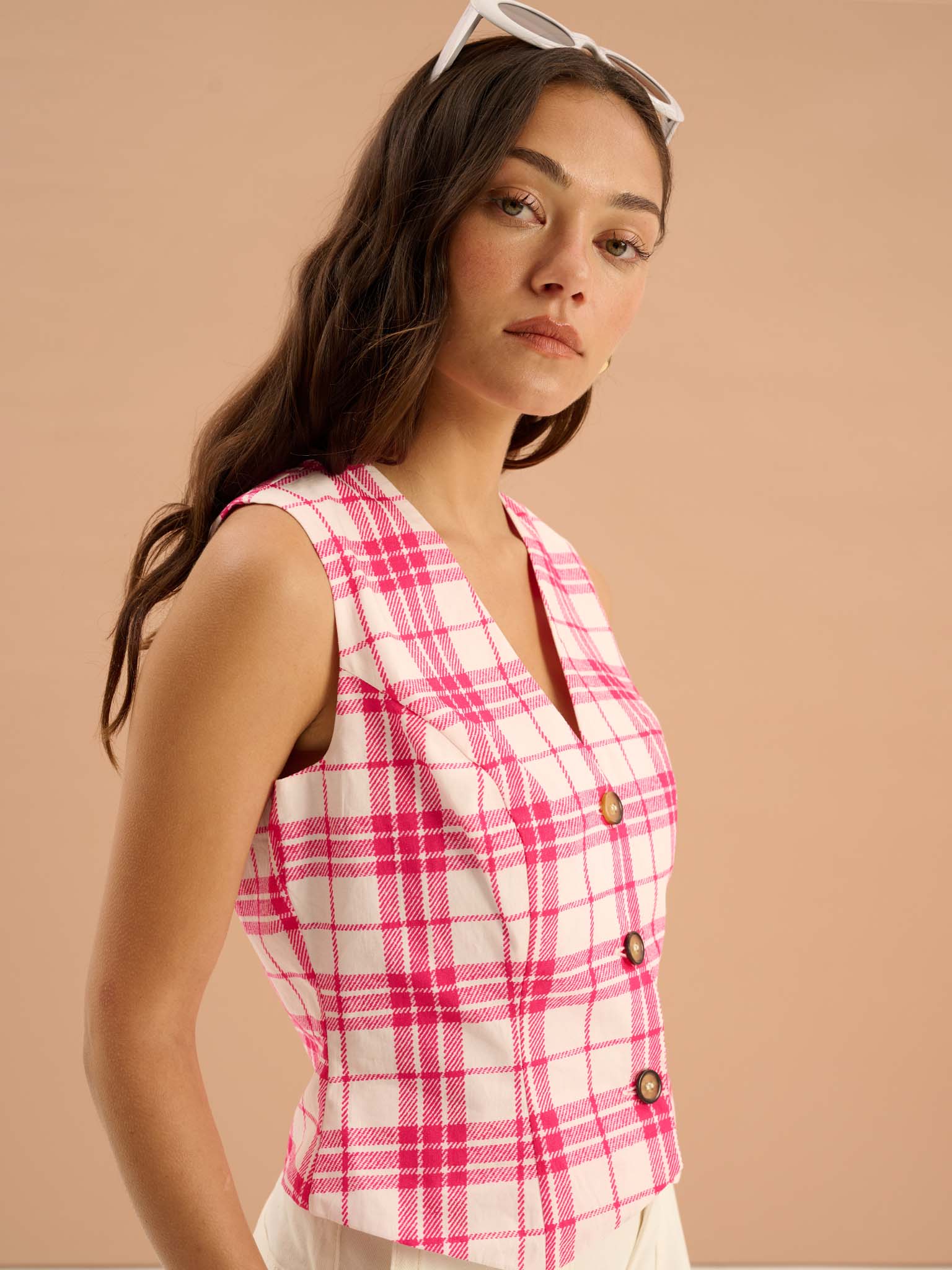 Cindy V Neck Check Print Waistcoat in Pink - Image 3