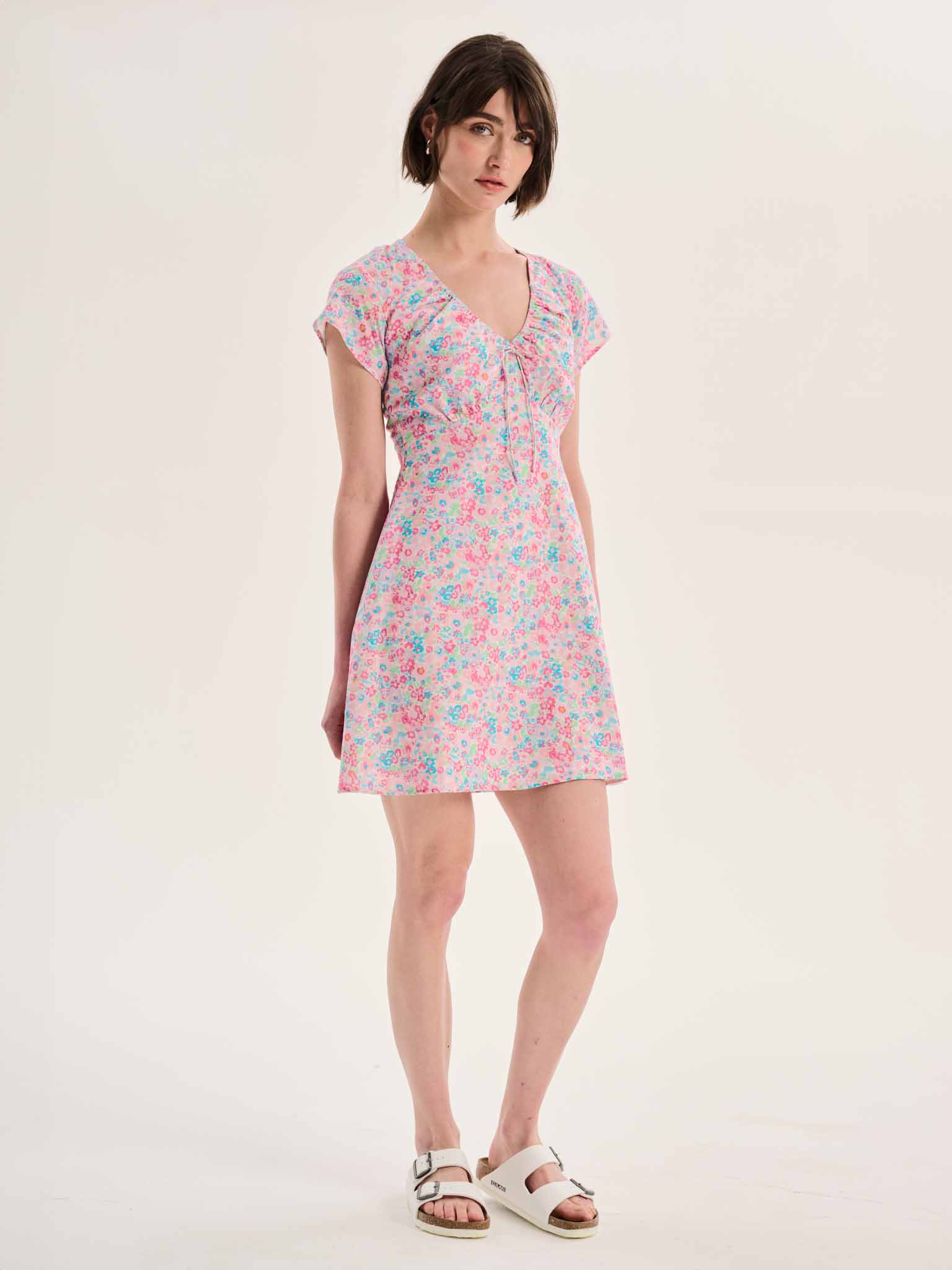 Dotty V Neck Ruched Mini Dress in Floral Print - Image 2