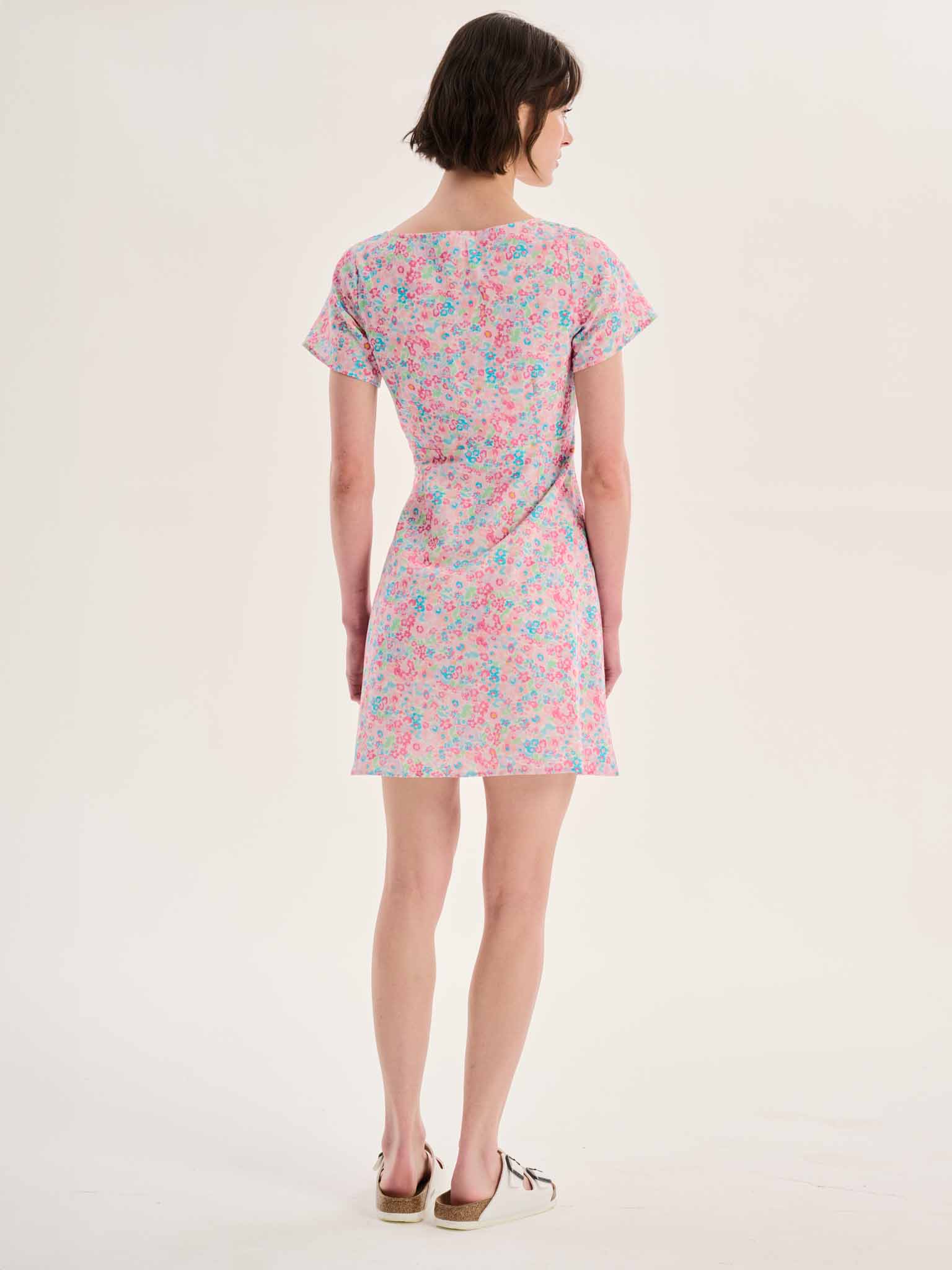Dotty V Neck Ruched Mini Dress in Floral Print - Image 5