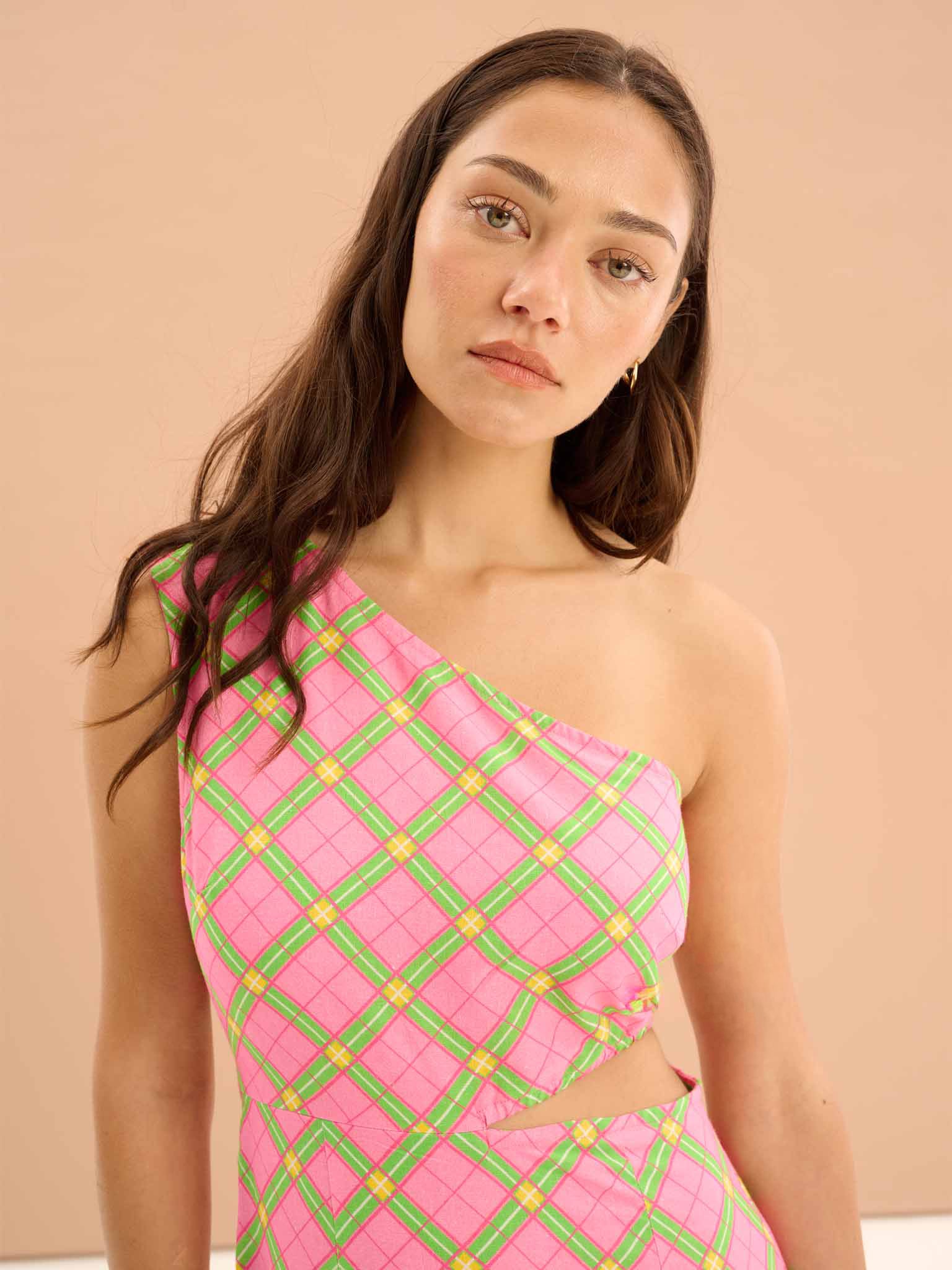 Evaline Check Print One Shoulder Dress - Image 4