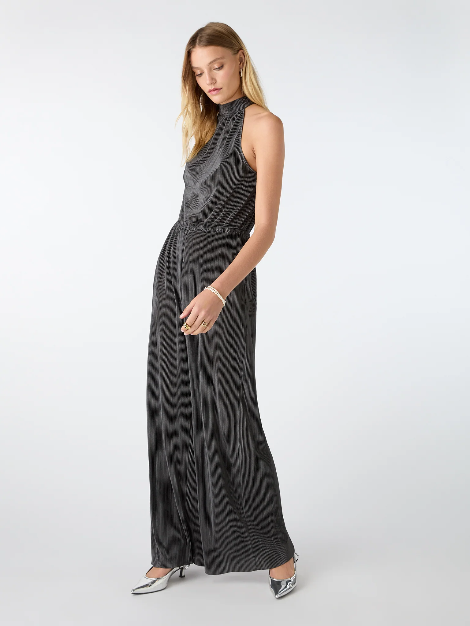 Hallie Halter Plisse Jumpsuit in Ash - Image 3