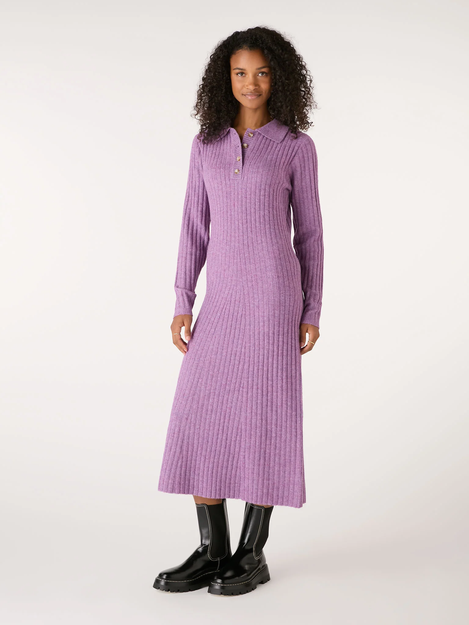 Henley Ribbed Placket Dress in Purple - Image 2