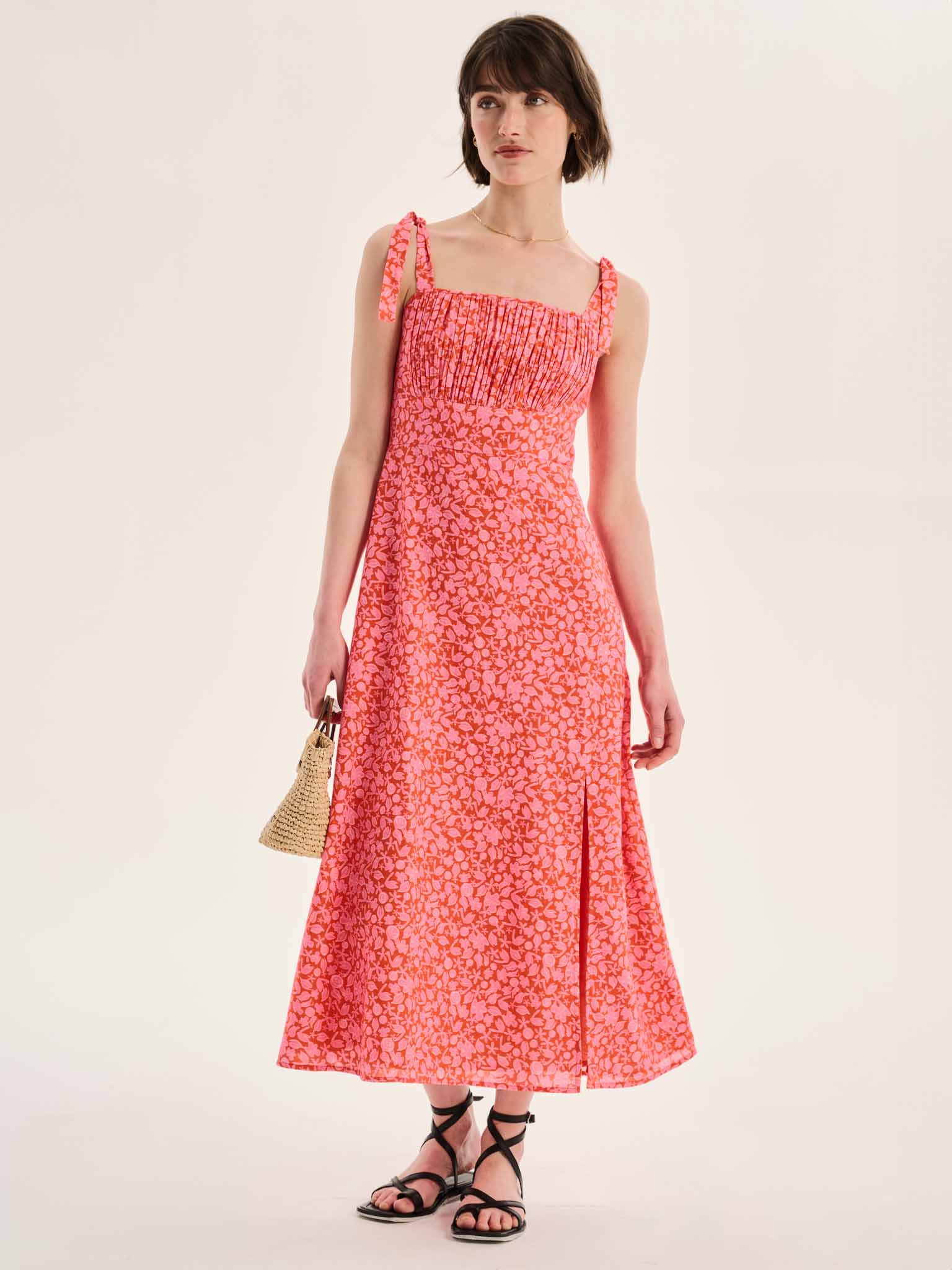 Irina Ruched Bodice Strappy Dress in Red - Image 3