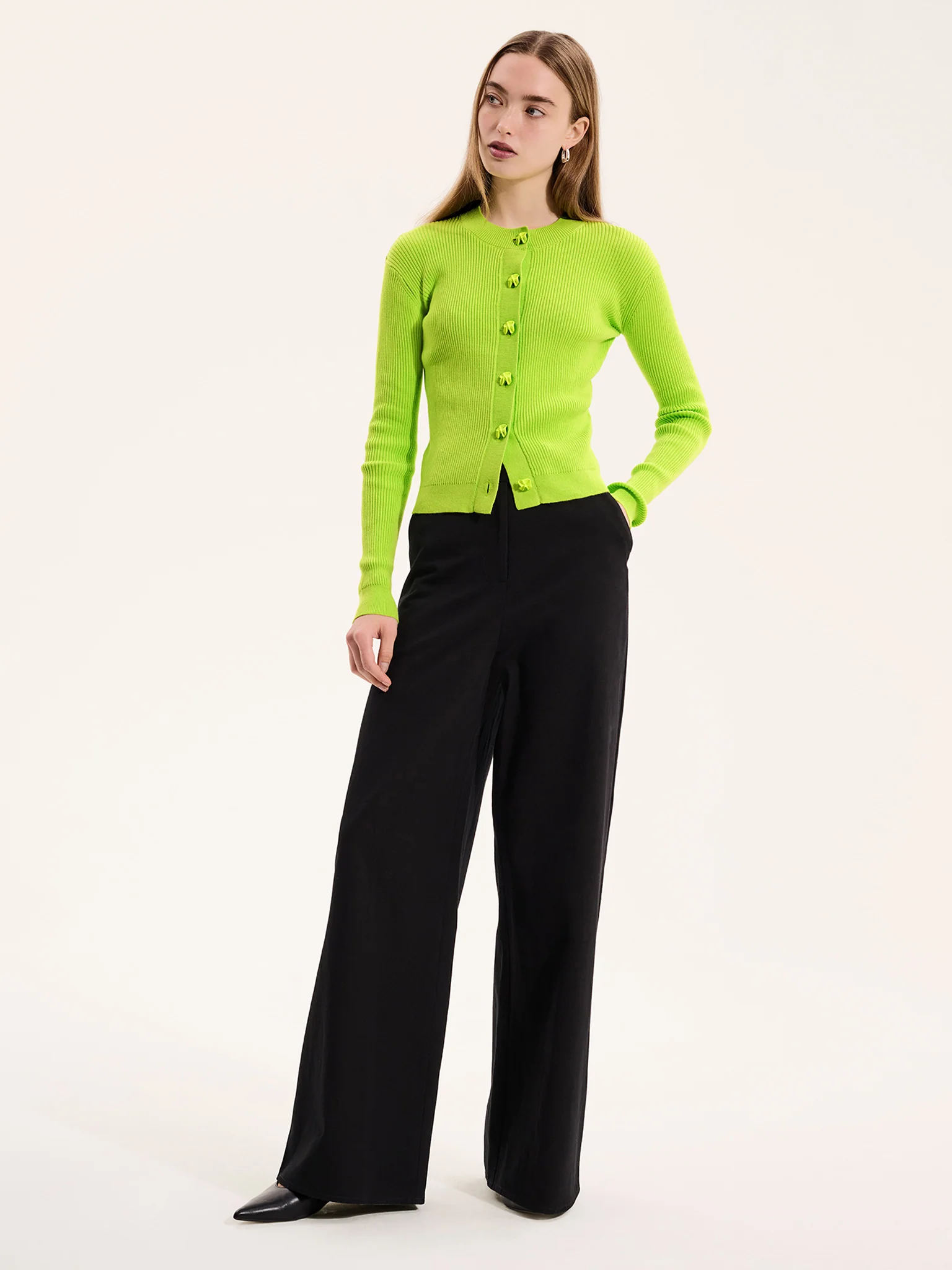 Daisy Rib Cardigan in Lime Green - Image 2