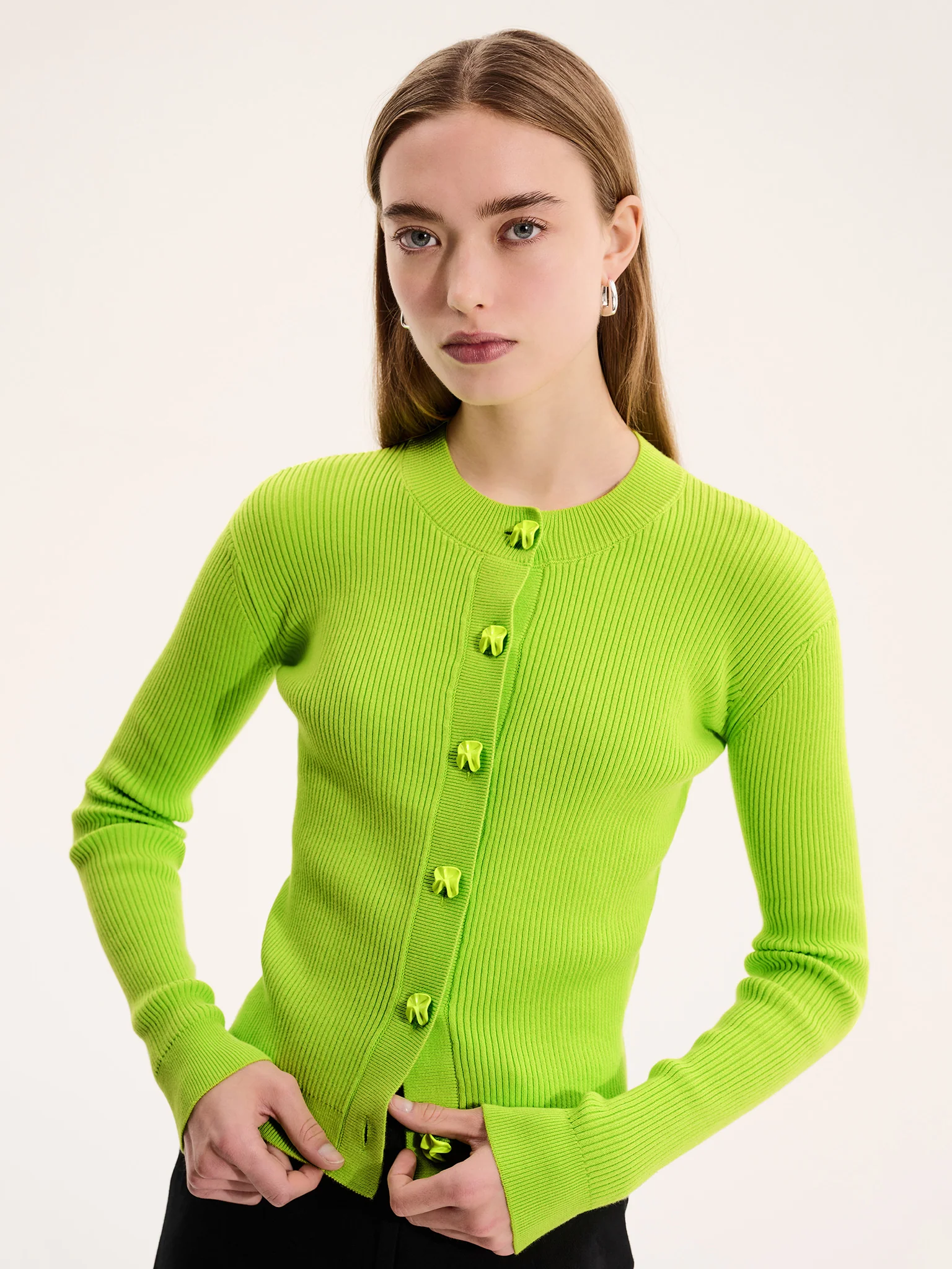 Daisy Rib Cardigan in Lime Green - Image 3