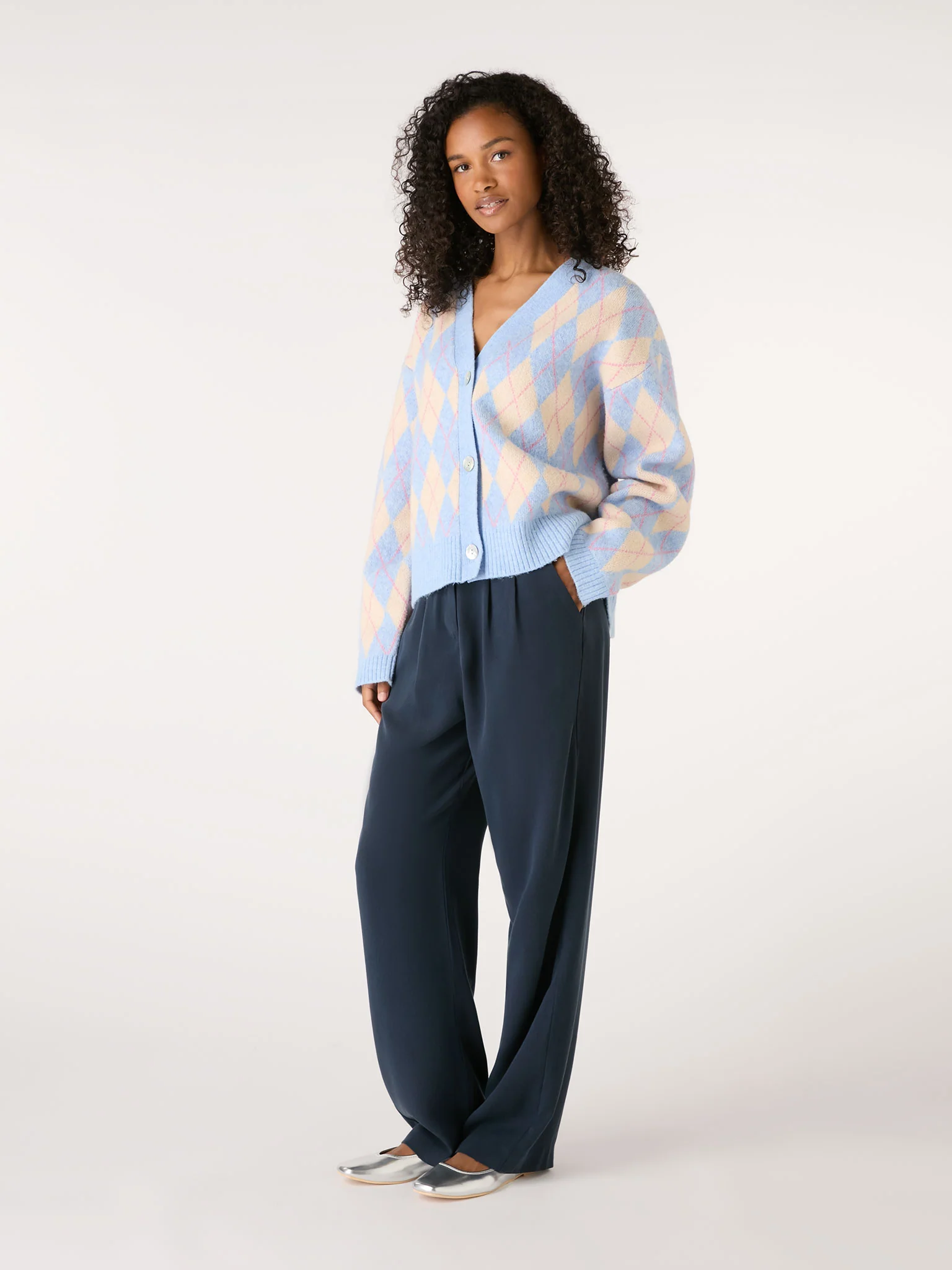 Kayla Argyle Knit Cardigan in Peach and Blue - Image 2