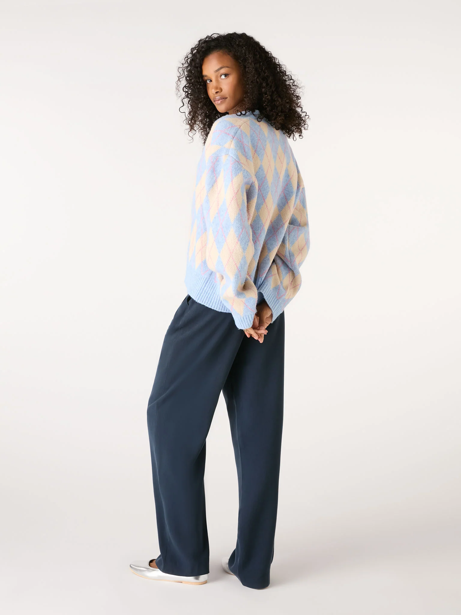 Kayla Argyle Knit Cardigan in Peach and Blue - Image 3