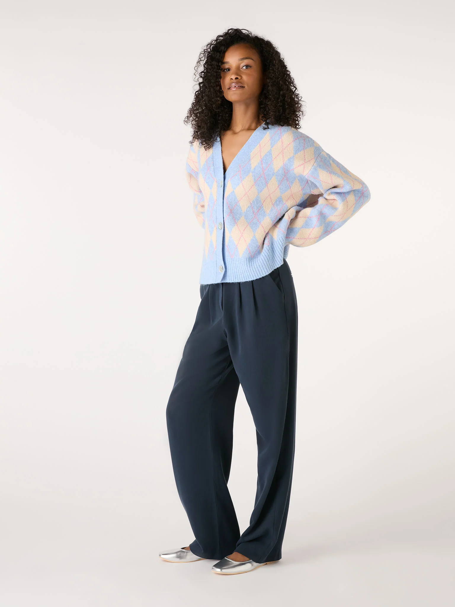 Kayla Argyle Knit Cardigan in Peach and Blue - Image 4