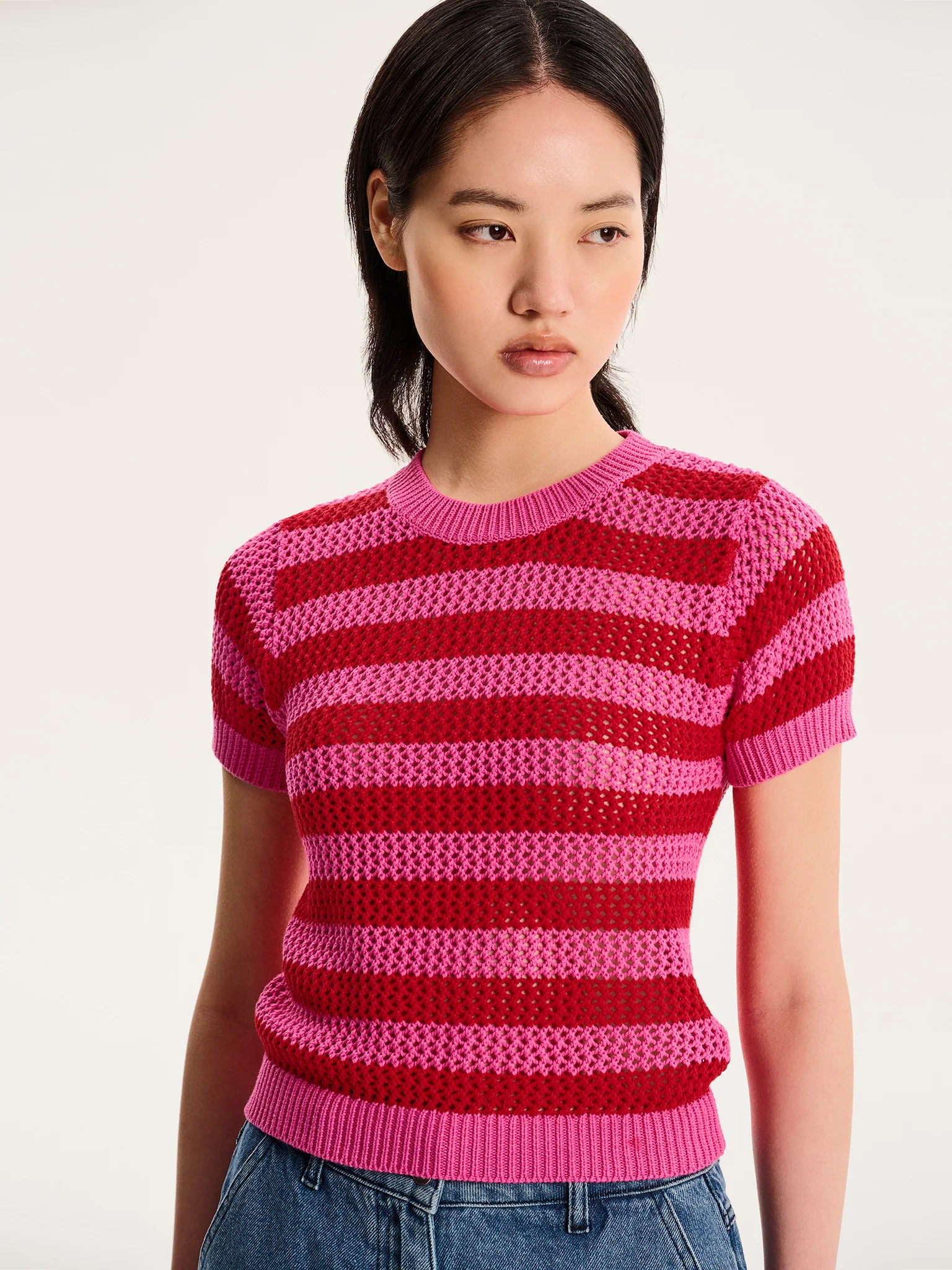Lexi Stripe Crochet Jumper in Magenta and Red - Image 3