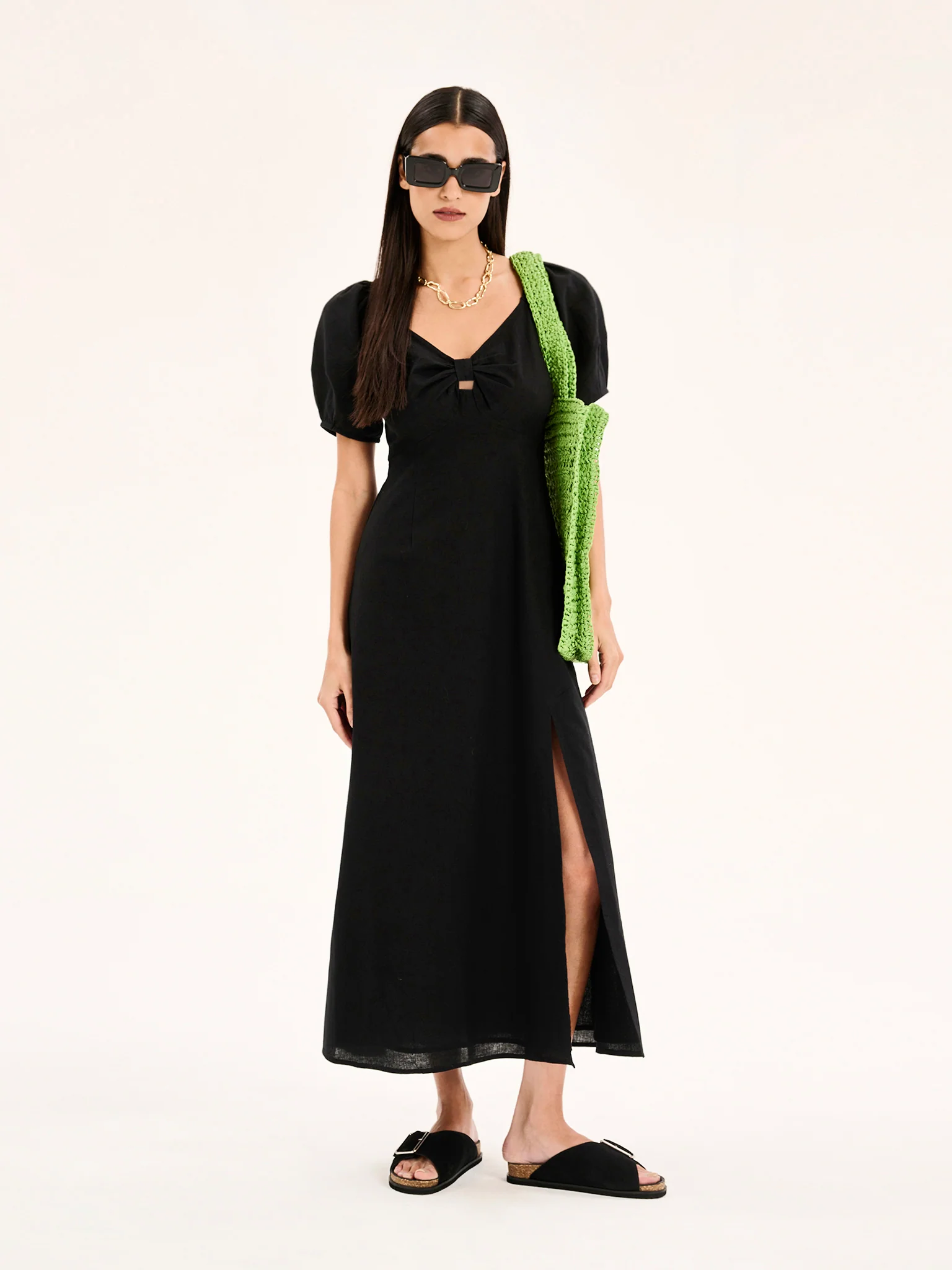 London Linen Bow Detail Midi Dress in Black - Image 4