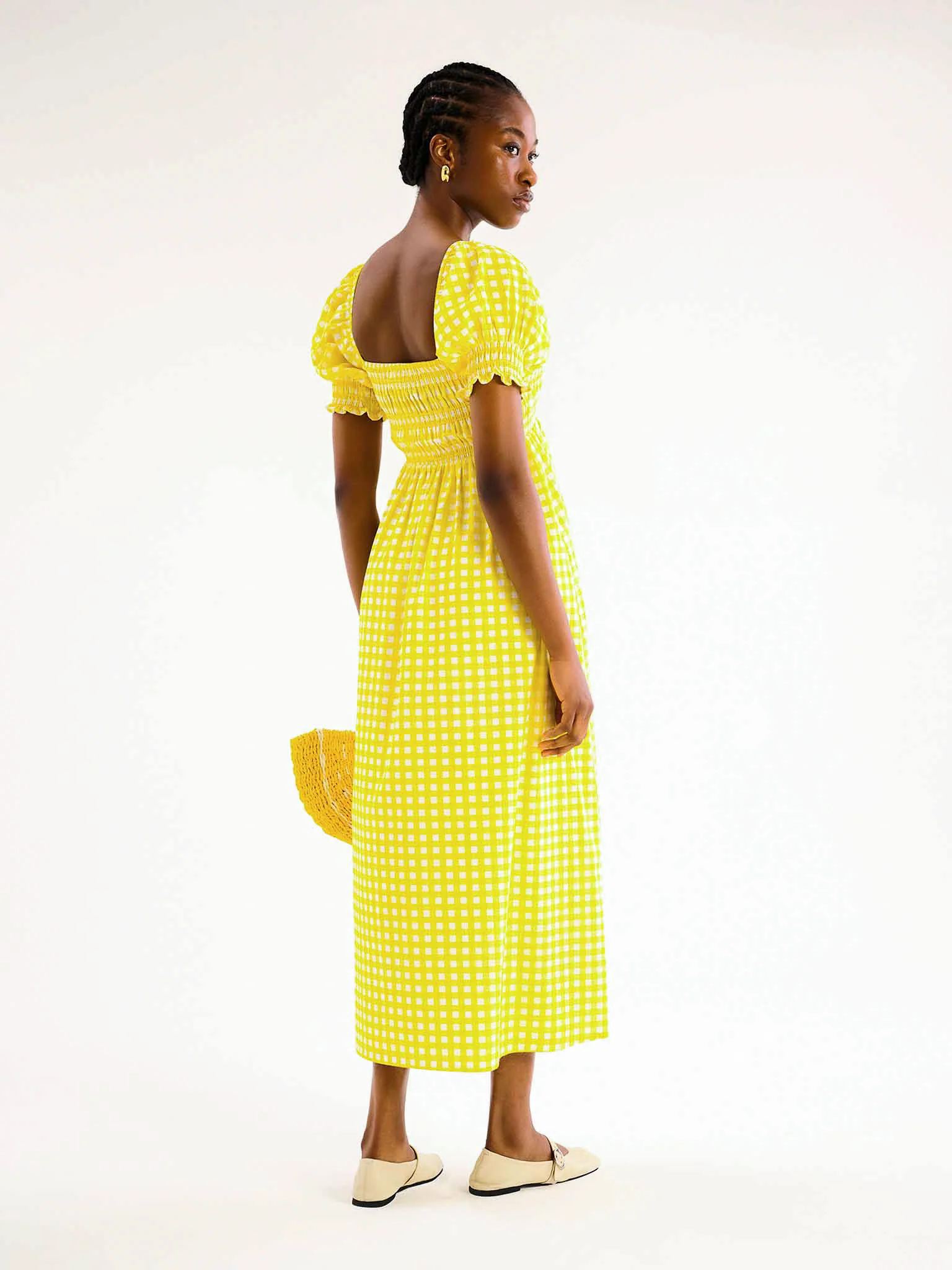 Megan Gingham Print Shirred Midi Dress in Yellow - Image 3