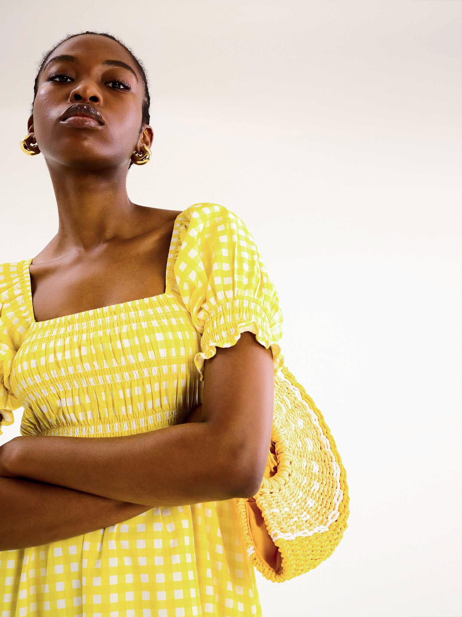 Megan Gingham Print Shirred Midi Dress in Yellow - Image 4