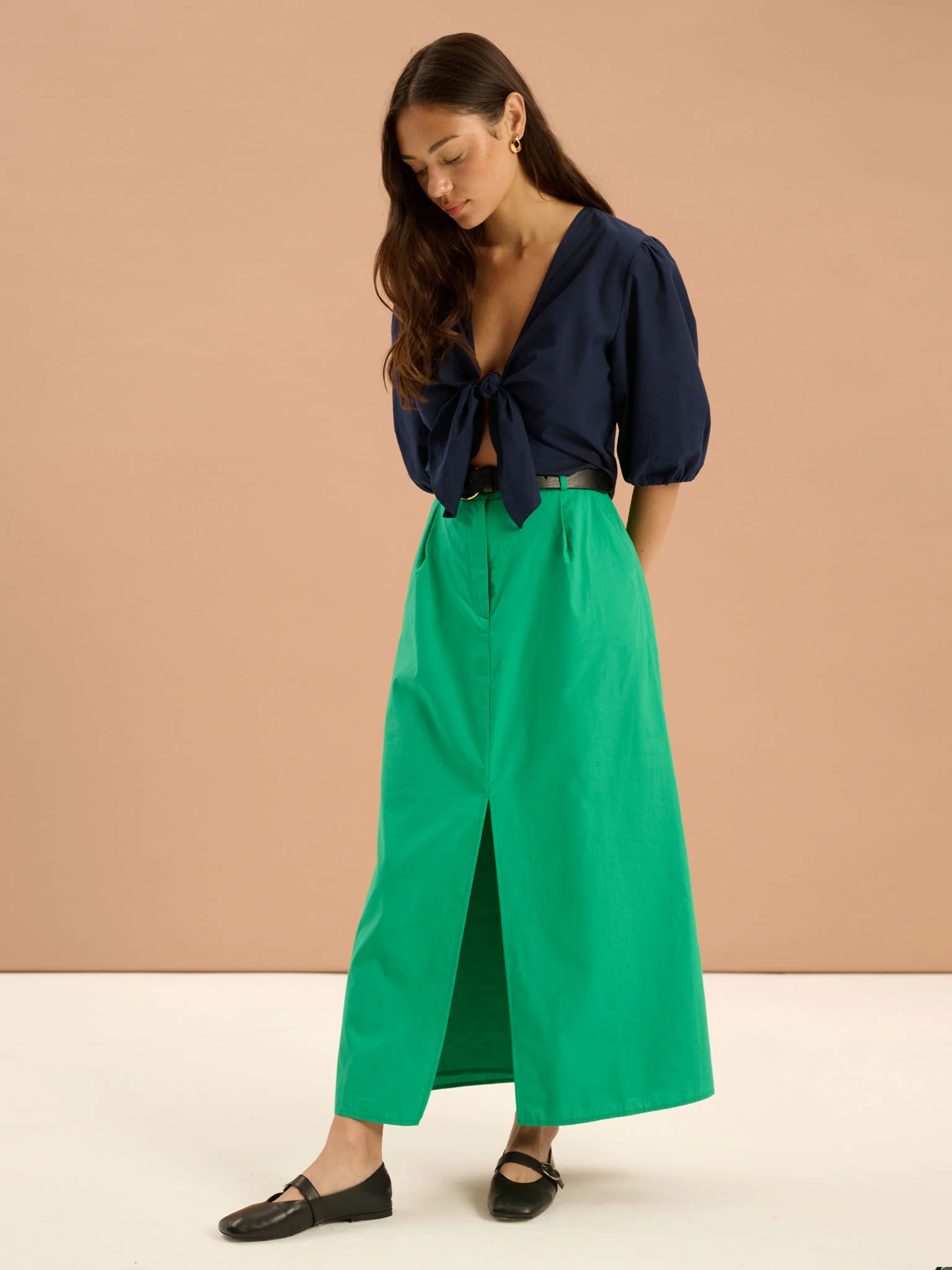Olive A Line Midi Skirt in Green - Image 2