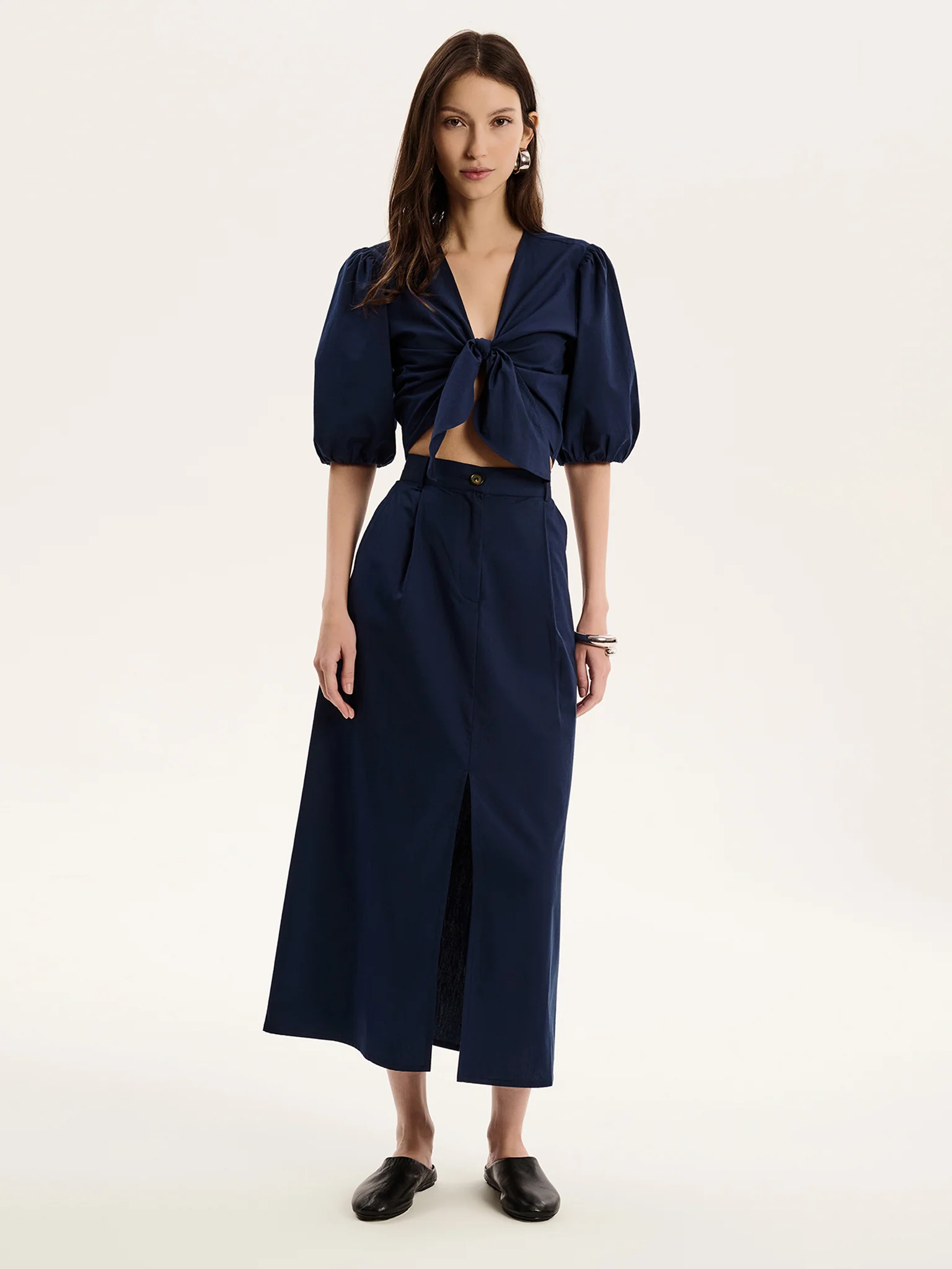 Olive A Line Midi Skirt in Navy - Image 2