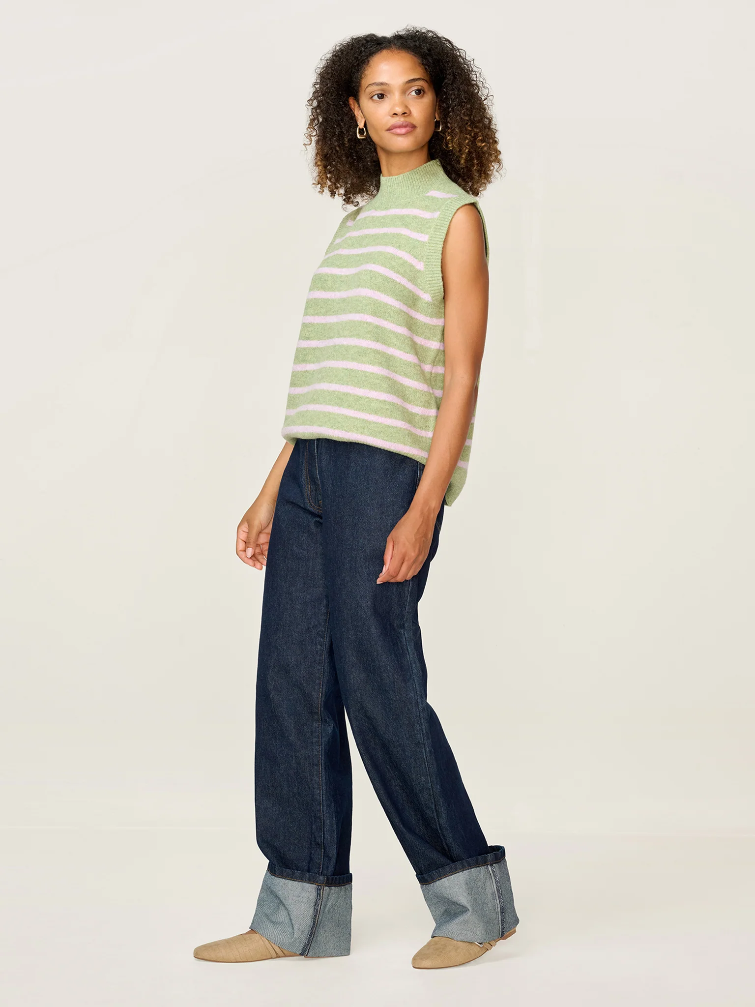 Pauli Funnel Neck Stripe Vest in Green and Pink - Image 2