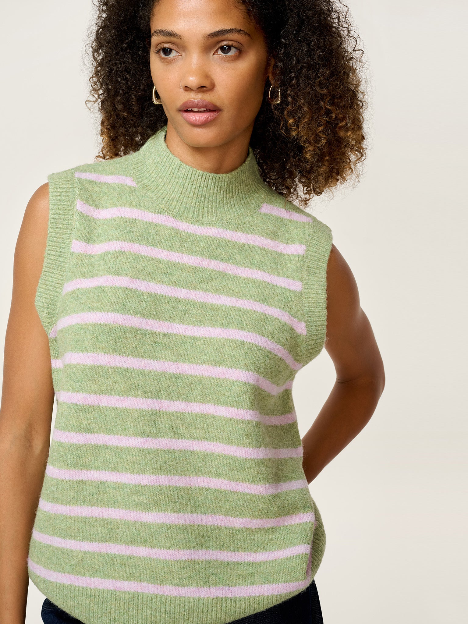 Pauli Funnel Neck Stripe Vest in Green and Pink - Image 4