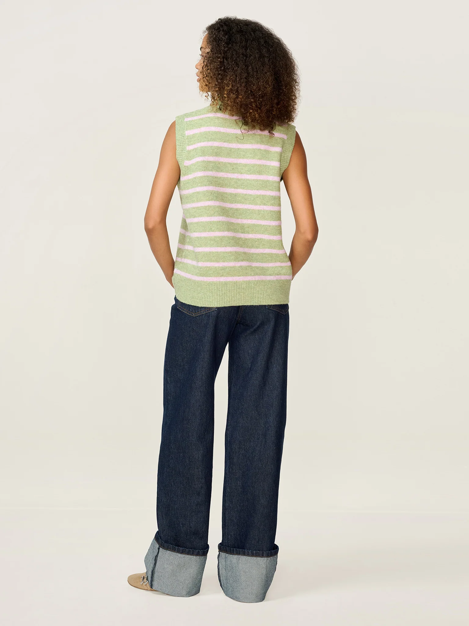 Pauli Funnel Neck Stripe Vest in Green and Pink - Image 5