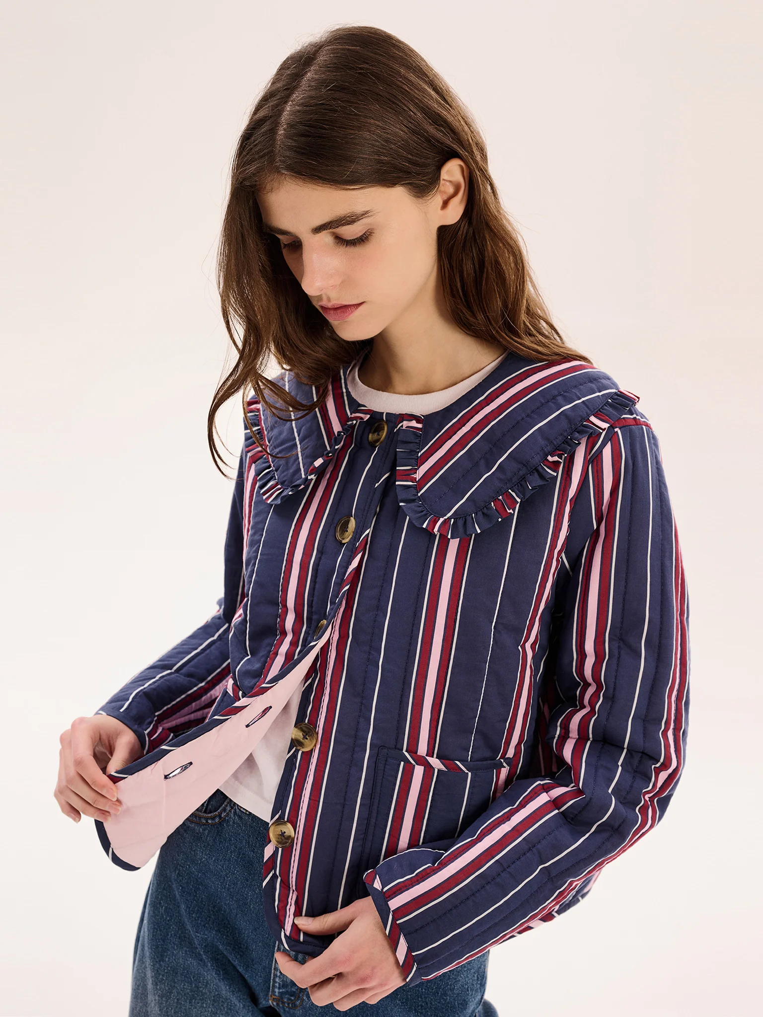 Peggy Quilted Jacket in Navy Stripe - Image 3