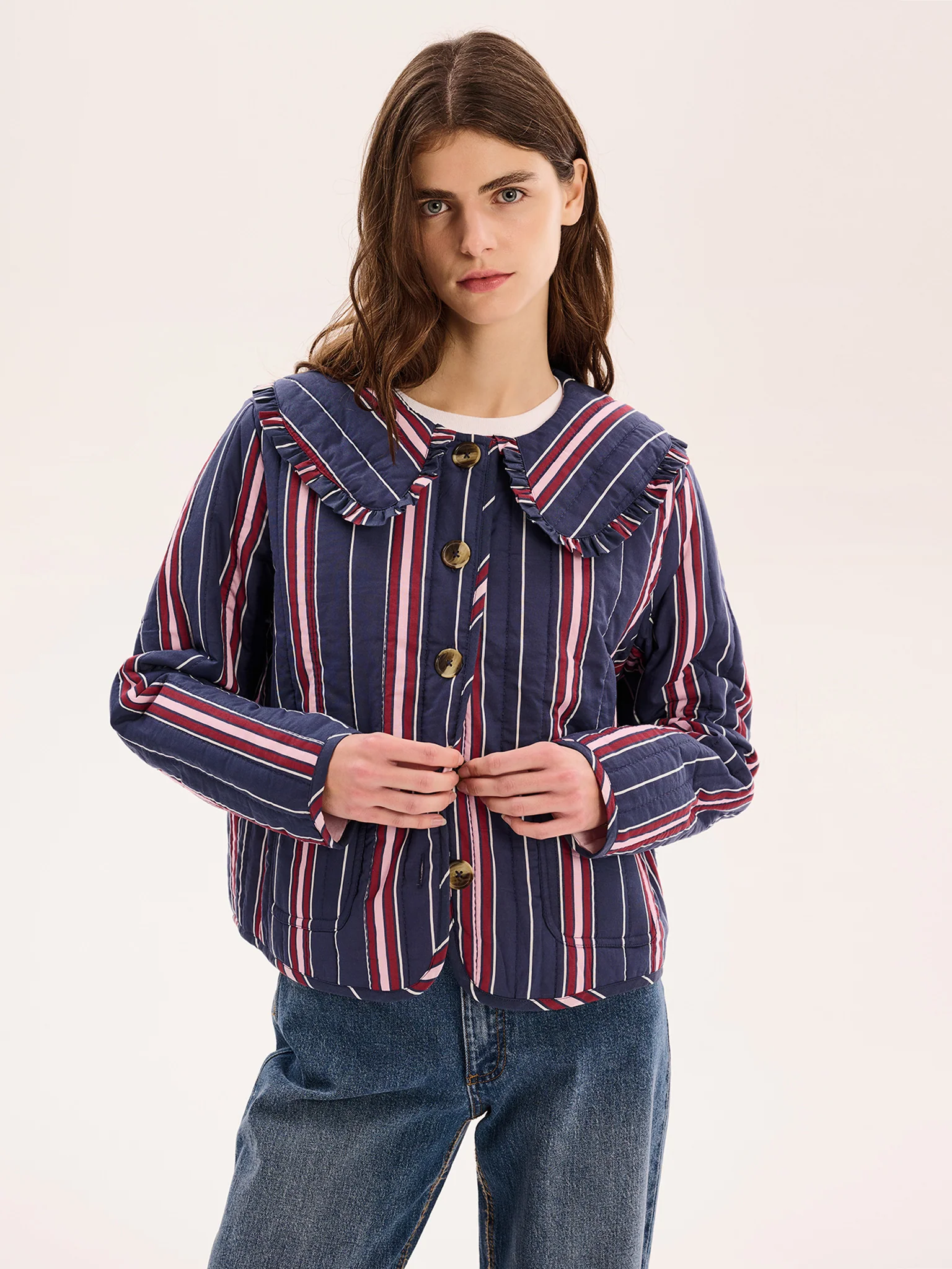 Peggy Quilted Jacket in Navy Stripe - Image 5