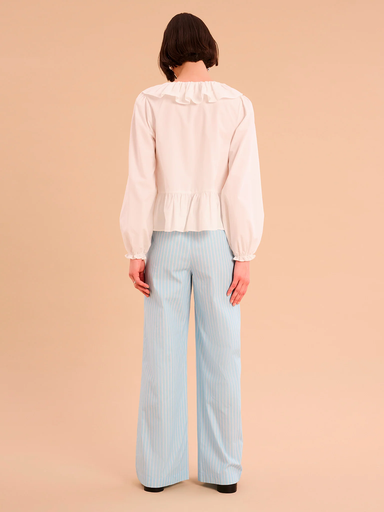Ramela Elasticated Waist Trouser in Cream and Blue Stripe - Image 3
