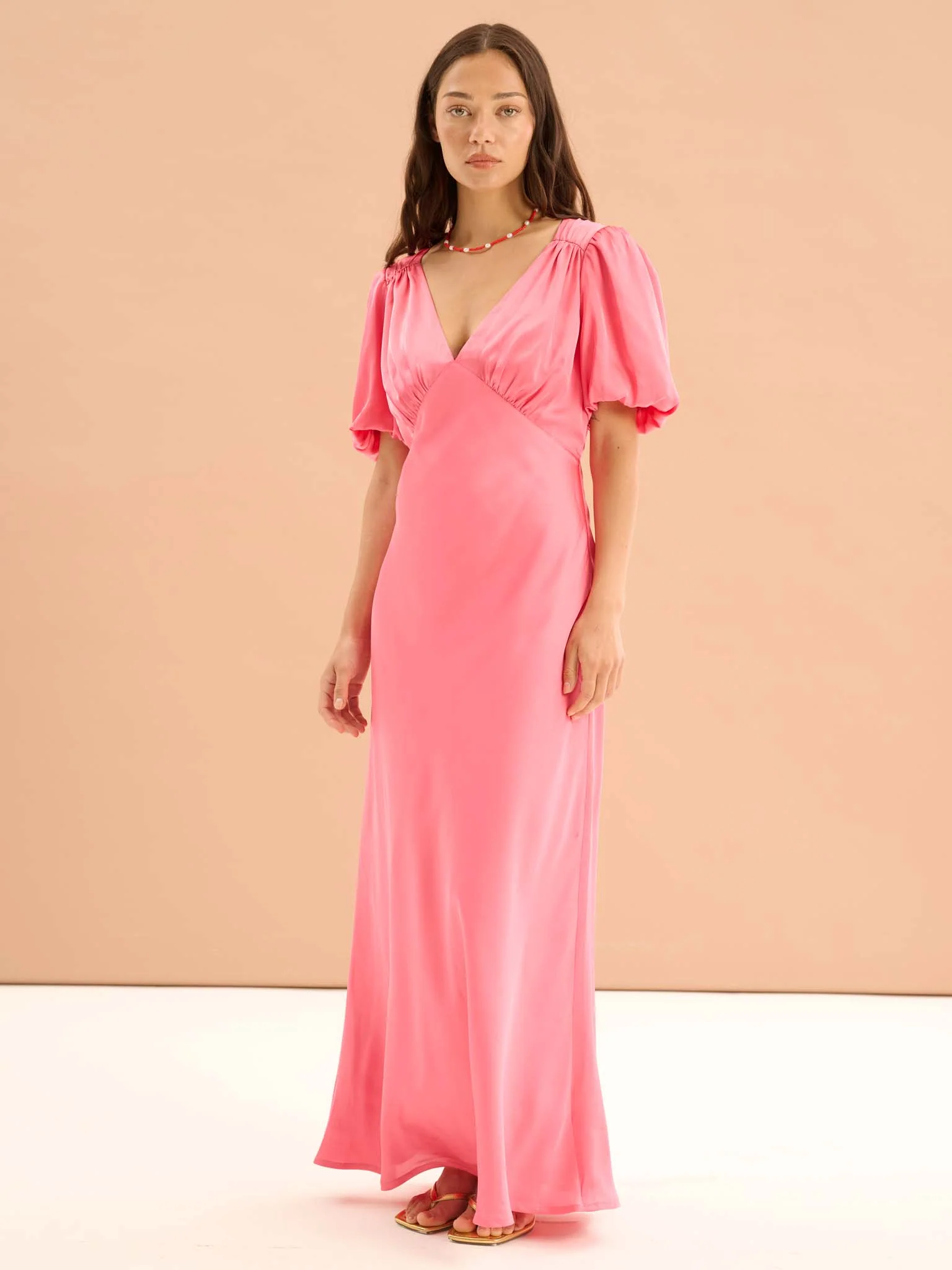 Rosie Ruched Puff Sleeve Dress in Hot Pink - Image 2