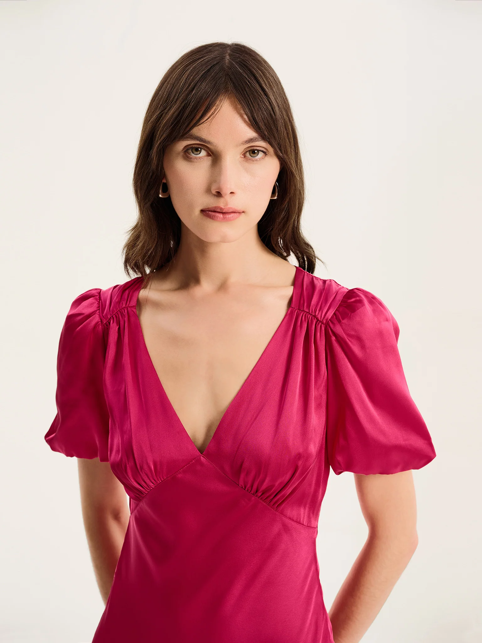 Rosie Ruched Puff Sleeve Dress in Magenta - Image 3