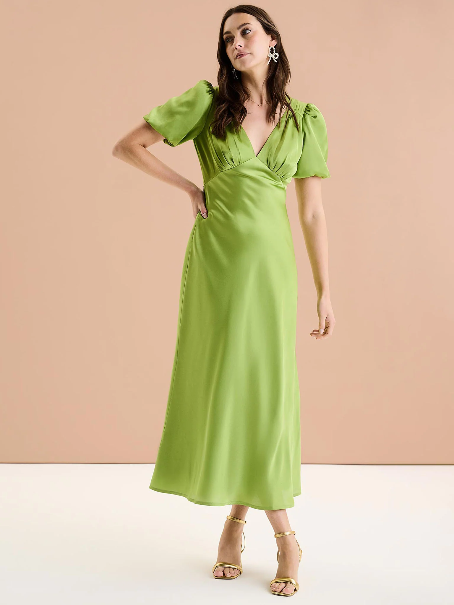 Rosie Ruched Puff Sleeve Dress in Sage - Image 4