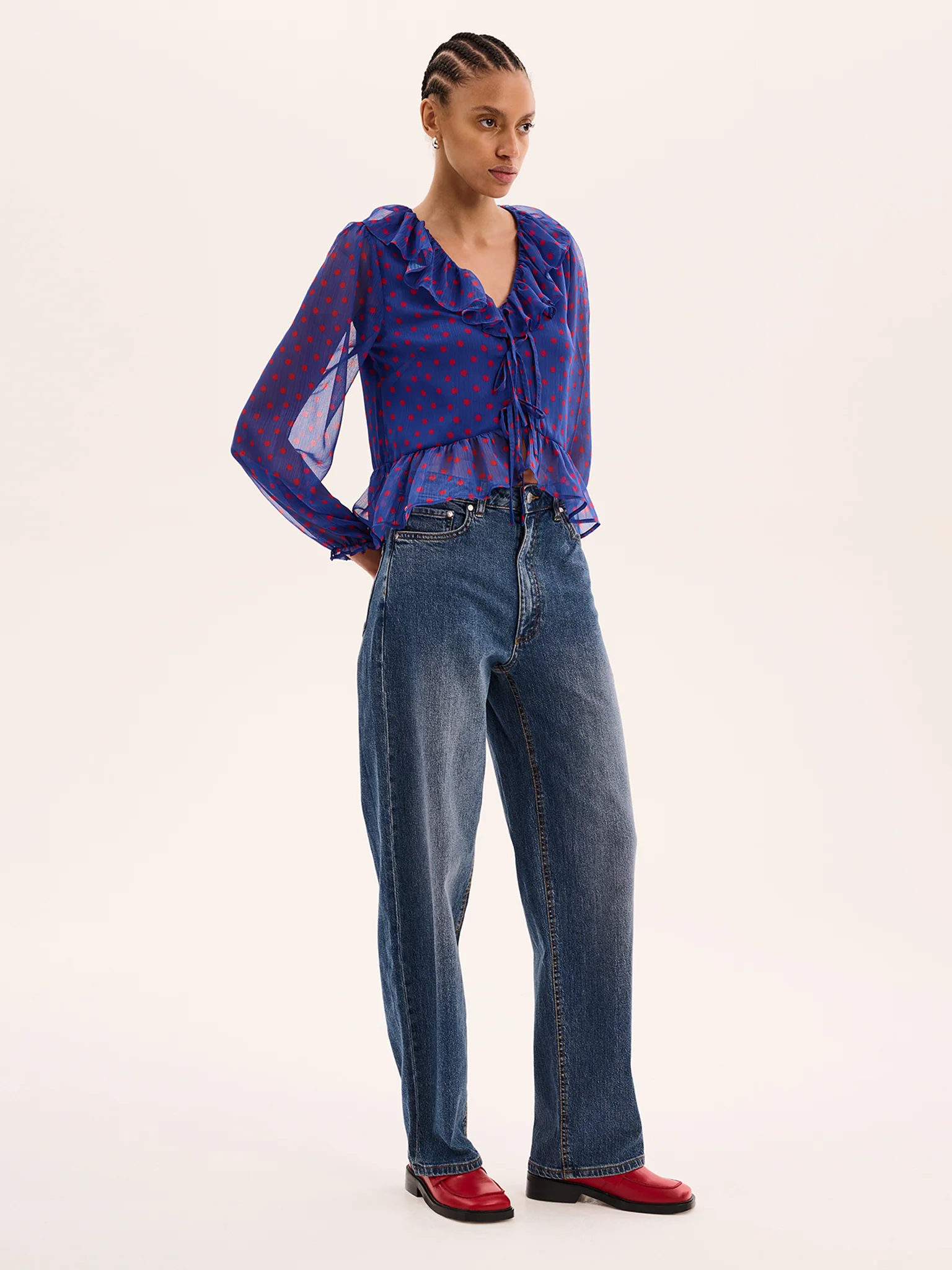 Selina Polka Dot Chiffon Top in Blue - Image 3