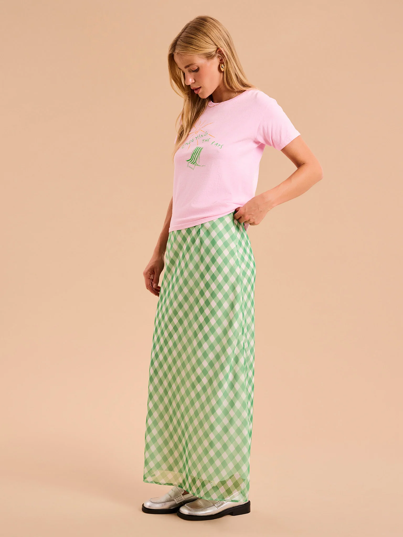 Tabitha Maxi Skirt in Cream and Green Check - Image 2