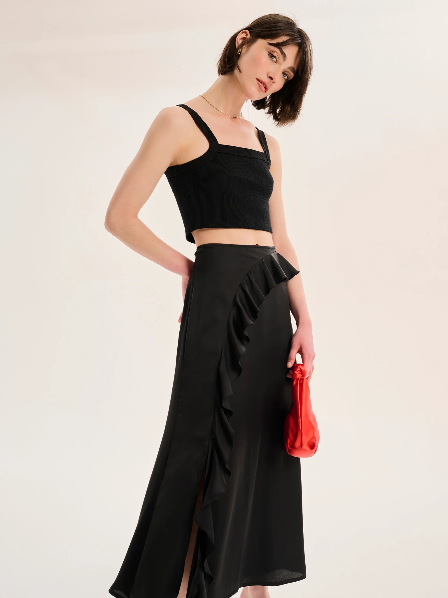Udita Ruffle Detail Midi Satin Skirt in Black - Image 2