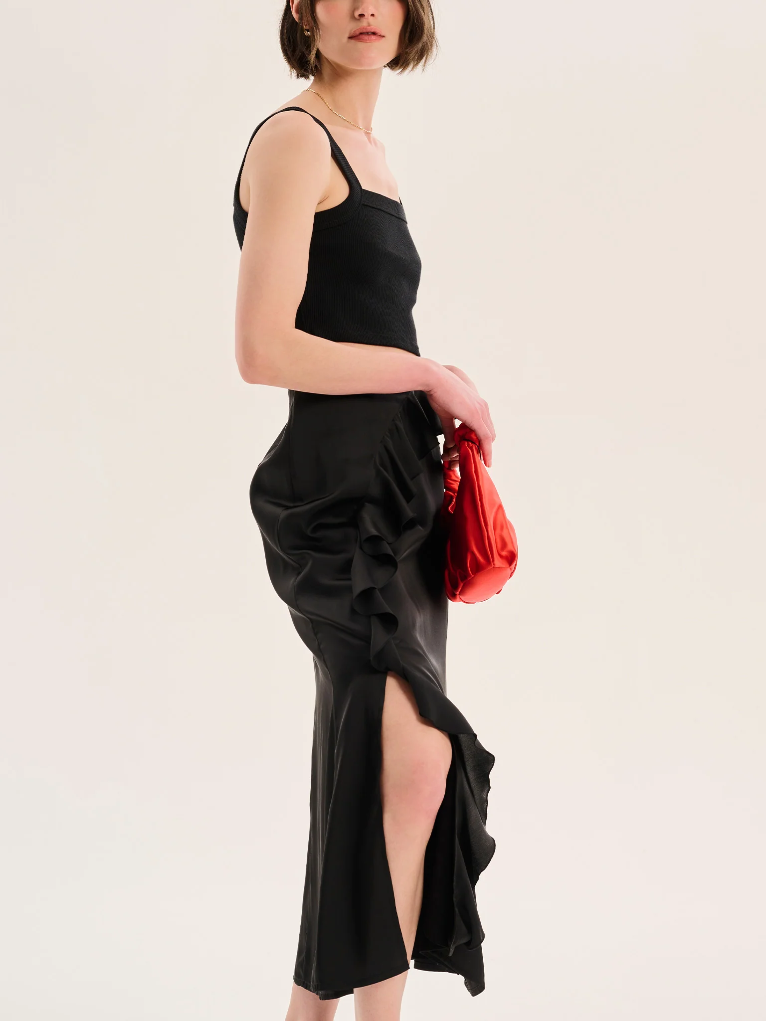 Udita Ruffle Detail Midi Satin Skirt in Black - Image 4